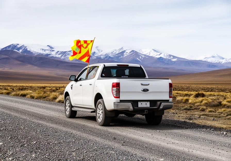 Camioneta blanca con bandera de seguridad en un camino de ripio