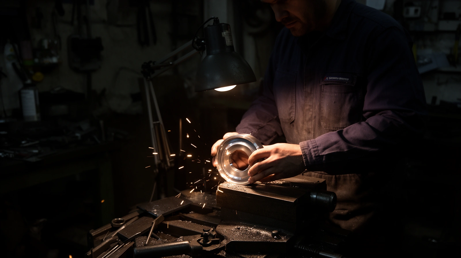 Taller metalúrgico de noche, un operario revisa una pieza bajo la lámpara